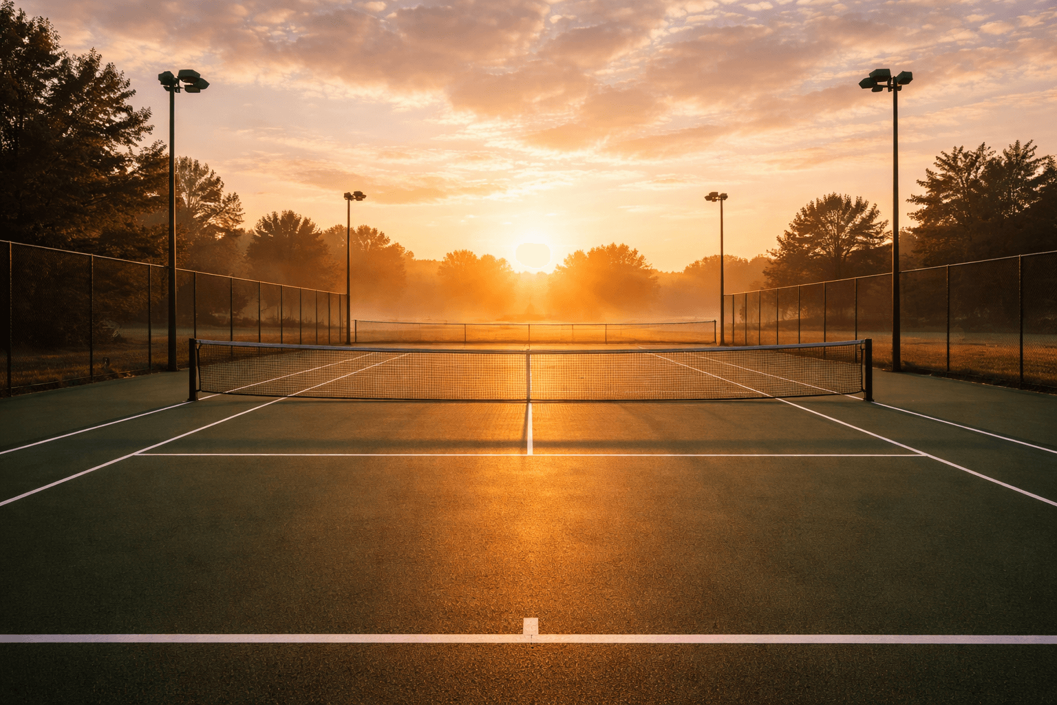 Pristine tennis court at golden hour